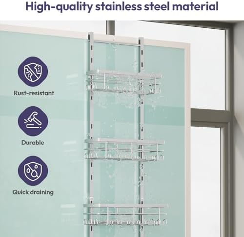 SWTYMIKI Over The Door Shower Caddy - 4 Tier Rustproof Hanging Shower Organizer with Adjustable Shelves, 40 Hooks & Soap Holder, Hanging Shower Rack Storage for Bathroom Accessories, Silver