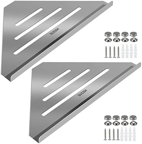 2 Pcs 304 Stainless Steel Corner Shelf with Screws, Triangle Shower Caddy, Wall Mount Soap Holder for Bathroom, Kitchen Organization (Polished Silver)