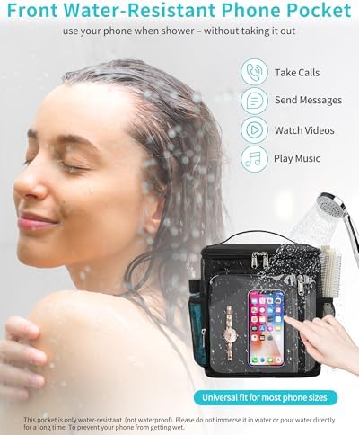 CUBETASTIC Hanging Shower Caddy Portable Bag - Quick Dry Shower Tote for Dorm College Essentials, Water-Resistant Travel Toiletry Bag with Separate Compartment & Multiple Pockets (Black, M)