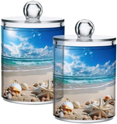 Beautiful Beach Scene Qtip Holder 2 Pack - 10 Oz Clear Plastic Apothecary Jar Set for Bathroom Organization - Versatile Canister Storage for Cotton Balls, Swabs, Rounds