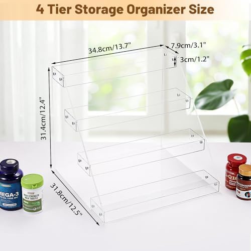 BSTKEY 4 Tier Vitamin Bottles Organizer, Acrylic Widen Tiered Tray for Medicine Bottle Prescription Bottles, Pill Bottle Organizer, Spice Rack Shelf Vanity Storage for Cabinet Kitchen Countertop