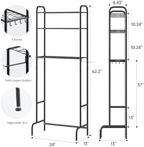 STDDRE 3-Tier Over The Toilet Storage Space Saver with Paper Holder Freestanding Rack Metal Bathroom Shelves with Hooks Above The Toilet Storage Shelf (Black, 3 Tier)