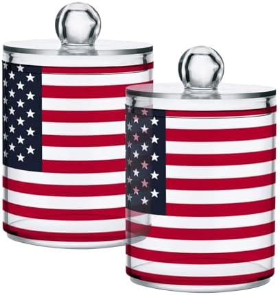 ALAZA Hipster American Flag 4 Pack Qtip Holder Dispenser for Cotton Swabs, Balls, Pads, Floss 10 oz Plastic Canister Organizer
