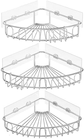 Orimade Corner Shower Caddy Stainless Steel with Hooks Wall Mounted Bathroom Shelf Storage Organizer Adhesive No Drilling 3 Pack, Silver Only for 90-Degree Corner