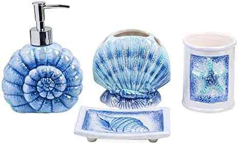 Coastal Ceramic Bathroom Accessory Set - 4 Piece Seashell & Starfish Decor, Includes Soap Dispenser, Toothbrush Holder, Soap Dish & Tumbler, Beach Themed Bath Decor (Blue)