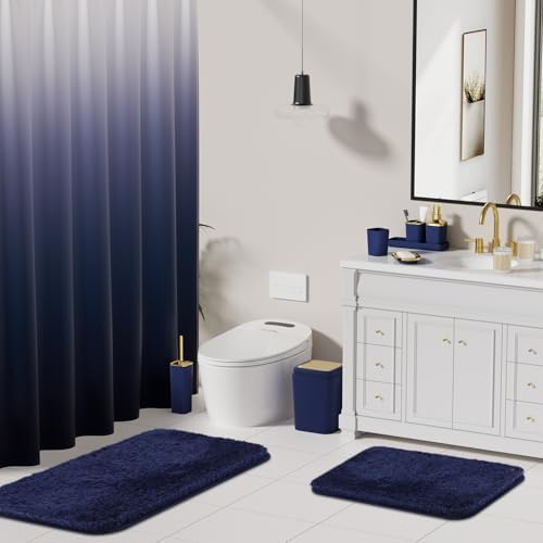 XLHOMO Blue Bathroom Set, Bathroom Sets with Shower Curtain and Rugs