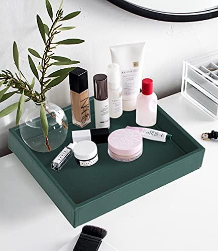 HofferRuffer Faux Leather Decorative Tray, Elegant Desktop Storage Organizer, Decorative Catchall Perfume Tray, Nightstand or Dresser Vanity Tray Organizer, 10.2 x 8.4 x 1.8 inches (Dark Green)