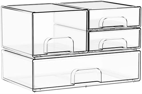 Yieach 4 Pack Clear Stackable Storage Drawers,Acrylic Drawer Organizer for Medicine,Palettes,Hair Accessories and Makeup Organizer,Plastic Drawers for Cabinet,Office,Desk,Bathroom Storage Containers