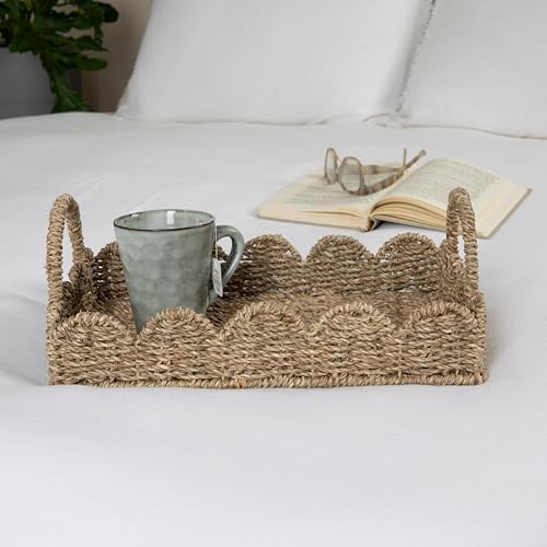 Household Essentials Seagrass Decorative Tray with Scalloped Edge, Handwoven Natural Wicker Organizer Basket with Handles & Iron Frame for Coffee Tables, Bathrooms & Countertops (Pack of 8)