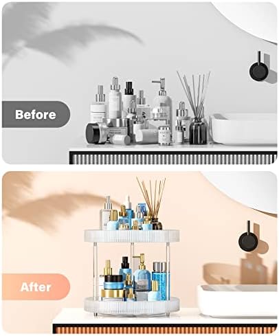 360° Clear Rotating Storage Tray, 2 Tier Lazy Susan Bathroom Countertop Organizer, Cosmetics and Perfume Organizer, Spinning Storage Tray Vanity Organizer Shelf for Bathroom Cabinet, Kitchen(Medium)