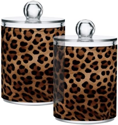2 Pack Apothecary Jars Bathroom Leopard Print Qtip Holder Dispenser Clear Plastic Storage Canister Jar with Lid for Cotton Ball, Cotton Swab