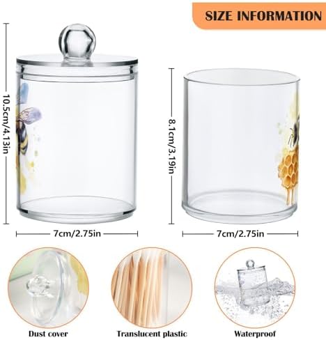 Fustylead 4 Pack Watercolor Bee on Honeycomb Plastic Apothecary Jars with Lid, Bathroom Vanity Storage Organizer Canister for Qtip, Cotton Ball, Swab, Round Pads, Floss