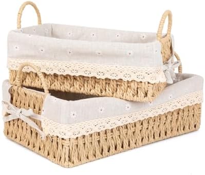 Wicker Storage Baskets with Handle and Liner, Rectangular Natural Paper Rope Woven Shelf Baskets for Organizing, Storage Bins Organizers for Living Room Bedroom Bathroom Tabletops(Set of 2)