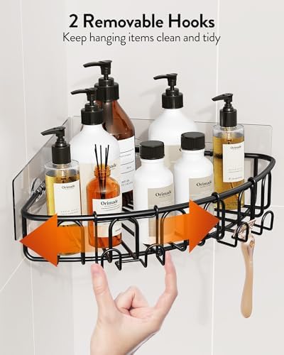 Orimade Corner Shower Caddy with 2 Hooks Wall Mounted Metal Bathroom Shelf Storage Organizer Adhesive No Drilling 2 Pack, Black Only for 90-Degree Corner