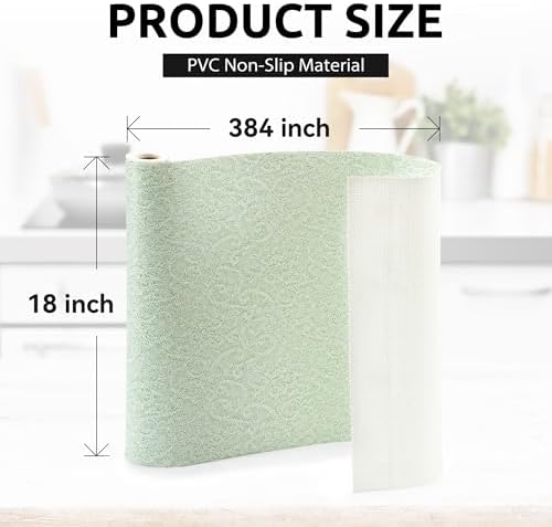 18X384 Inch Shelf Liner with Scissor & Tape Measure for Kitchen Cabinets, PVC Drawer Liner for Dresser Non-Slip Bathroom, Non-Adhesive Cabinet Liner Washable (Green)