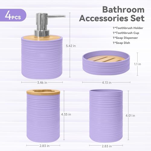 Bathroom Accessories Set 4 PCS, Purple Bamboo Bathroom Sets Accessories
