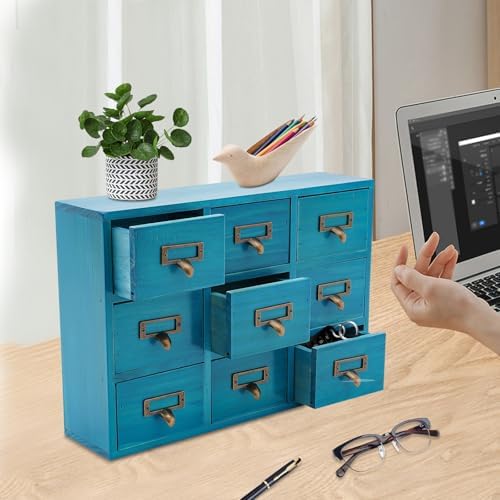Apothecary Cabinet with 9 Drawers Card Catalog Cabinet, Library Card Catalog Drawer with Metal Handles & Label Slot Wooden Desk Drawer Organizer for Herb Storage, Tea Collection (Blue)