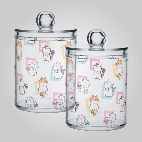 2 Pack Plastic Qtips Holder Cat Animal Cartoon Cute Bathroom Organizer Canisters for Cotton Balls/Swabs/Pads/Floss,Plastic Apothecary Jars for Vanity