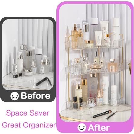 Corner Bathroom Counter Organizer Bathroom Countertop Shelf Makeup Organizer for Vanity Perfume Tray for Corner Storage (3 Tiers, Clear)