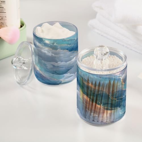 MNSRUU 2 Pack Qtip Holder Organizer Dispenser Abstract Blue Marble Bathroom Storage Canister Cotton Ball Holder Bathroom Containers for Cotton Swabs/Pads/Floss