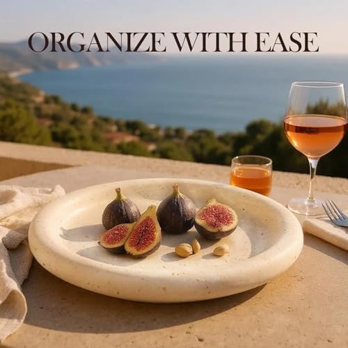 Koville Italian Round Travertine Tray, 8" Vanity Decorative Marble Tray for Countertop, Catchall for Perfume, Candles, Jewelry Dish
