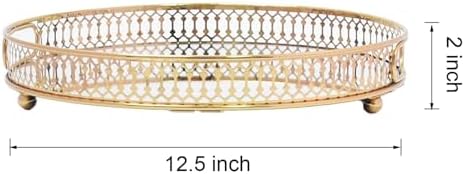 Yikinip12 Inch Round Glass and Gold Round Tray Set of 2，Dinner Plate Perfume and Vanity Tray - Decorative Mirrored Vanity Tray with Gold Metal Cutout Design, Jewelry Organizer (12 Inch Round Set of 2)