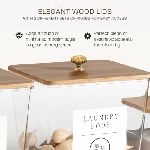 3 Pack Acrylic Laundry Room Organization Containers with Gold & Wood Knobs – Laundry Pods Container & Detergent Organizer Set | Clear Laundry Jars | Scoops & Customizable Labels | Storage Canisters