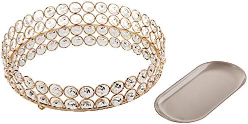 Crystal Decorative Tray Metal Mirrored Perfume Cosmetic Organizer Jewelry Trinket Display Storage Vanity Trays Home Décor Accents Luxury Gift (Round, 10in, Gold)