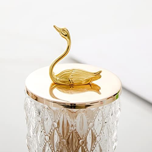 Fashion Luxury Glass Swan Shape Q-Tip and Cotton Ball Swab Holder Toothpick Holder Container Dispenser Organizer with Lid for Bathroom Kitchen (White)