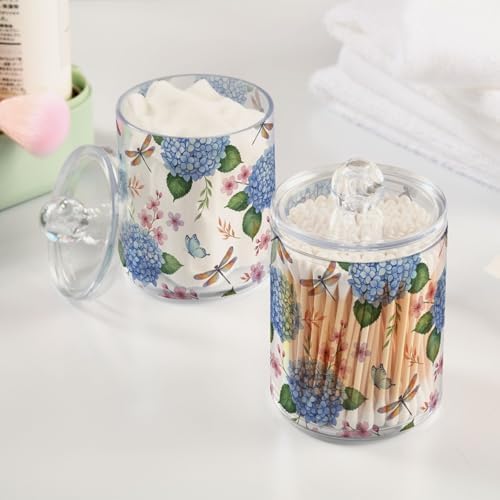 ALAZA Blue Hydrangea Flower Dragonfly Butterfly 4 Pack Qtip Holder Dispenser for Cotton Swabs, Balls, Pads, Floss 10 oz Plastic Canister Organizer