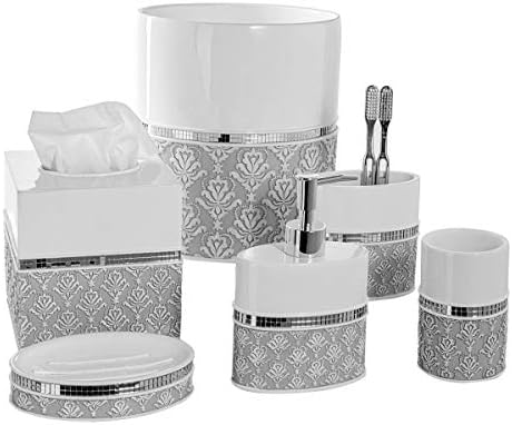 Mirror Damask White & Gray Small Oval Bathroom Trash Can 1.6 Gal / 6L