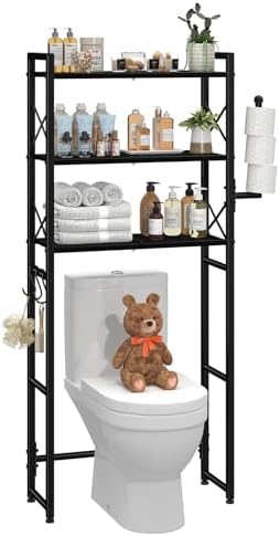 Simple Trending Over The Toilet Storage Rack with Toilet Paper Holder, Heavy Duty Metal 3 Tier Bathroom Organizer Shelf with 3 Hooks,Black