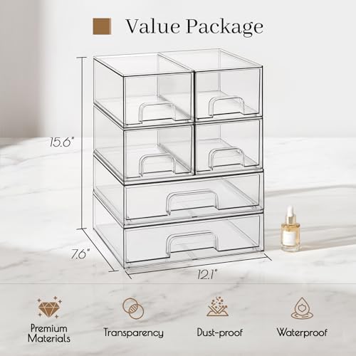 TIPGO Clear Stackable Storage Drawers, Acrylic Bathroom Makeup Organizer, Plastic Bins for Art Tool & Sketch, Sturdy and Durable Containers for Countertop, Cabinet, Vanity, Pantry Organization