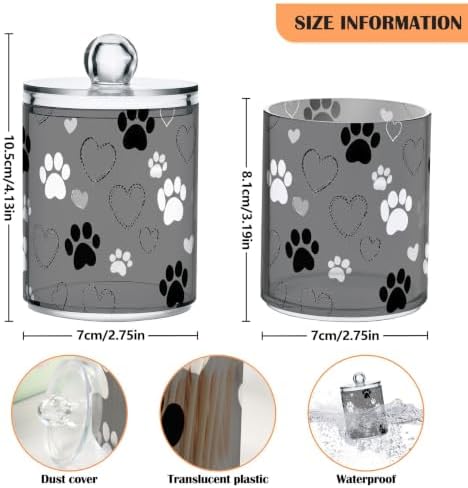 Fustylead 2 Pack Paw Print and Hearts Plastic Apothecary Jar Set for Bathroom Storage, Qtip Holder Dispensers for Cotton Ball, Swab, Round Pads, Floss