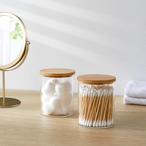 INIUNIK Glass Qtip Holder Dispenser with Bamboo Lid, 3 Pack