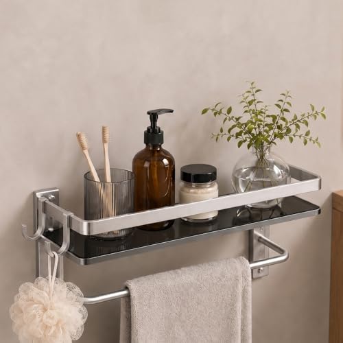 VOLPONE Glass Bathroom Shelf 15.7 in Bathroom Wall Shelf with Towel Holder Tempered Glass Shelf Wall Mount with 2 Removable Hooks Silver（1 Tier）
