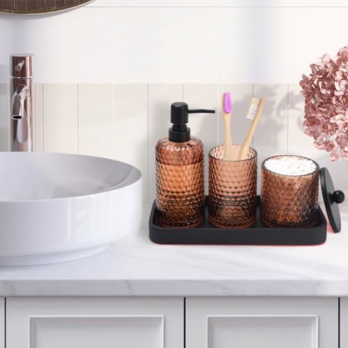 Bathroom Accessories Set,4 Pcs Amber Glass Bathroom Accessories Sets-Lotion Soap Dispenser,Toothbrush Holder,Qtip Holder Dispenser & Resin Vanity Tray,Countertop Vanity Organizer,Amber