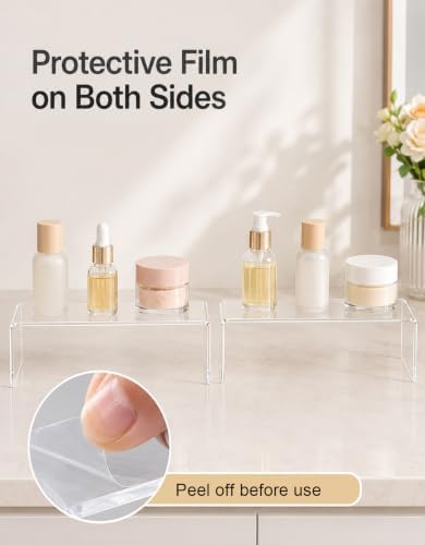 2 Pack Acrylic Medicine Cabinet Organizer, Narrow Bathroom Mirrior Cabinet Storage Shleves, Clear Acrylic Risers for Vanity, Kitchen & RV (11.34 x 2.95 x 3.66 in)