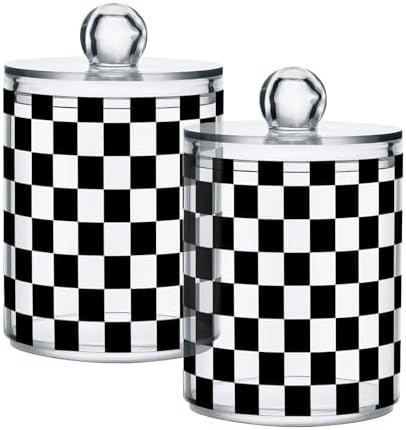 ALAZA 2pcs Black White Checkered Plaid Qtip Holder Dispenser 14 oz Bathroom Storage Clear Apothecary Jars Containers Cotton Ball,Cotton Rounds,Floss Picks, Hair Clips, Food