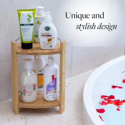 GOBAM Bamboo Shower Corner Caddy, Medium - 2 Tier Bathroom Organizer Countertop for Shampoo, Conditioner, Lotion, Soap - Standing Shower Stand for Kitchen, Bedroom, or Office