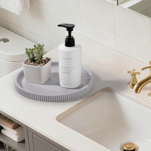 Silicone Bathroom Tray Round Perfume Tray Coffee Table Decor, 9" Light Grey