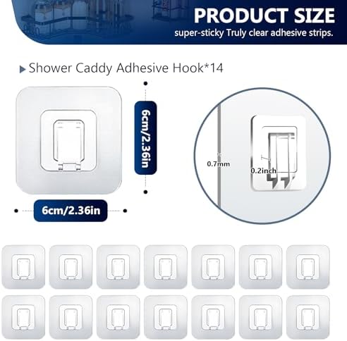 Shower Caddy Adhesive Replacement Hooks, Strong Waterproof Strips, No Drilling for Bathroom Shelves, Kitchen Racks, and Soap Holders (Transparent-14 Pack 1Hook)