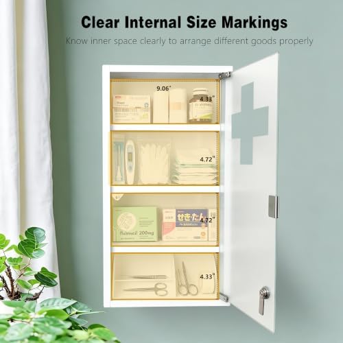 Locking Stainless Steel Medicine Cabinet, 4 Tier Wall Mounted Storage Cabinet, Durable Stainless Steel, Surface or Flush Mount, Ideal for Home, Office or First Aid, 10.6 * 4.7 * 22.4