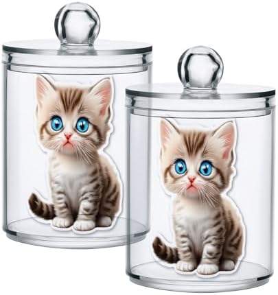 Cat Animal Cute 4 Pack Plastic Qtips Holder Bathroom Organizer Canisters for Cotton Balls/Swabs/Pads/Floss,Plastic Apothecary Jars for Vanity