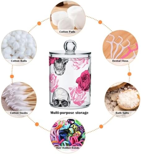 2 Pack Qtip Holder Dispenser Skull Rose Flower Bathroom Storage Canister Lid Acrylic Plastic Apothecary Jar Set Vanity Makeup Organizer for Cotton Swab/Ball/Round Pads, Floss