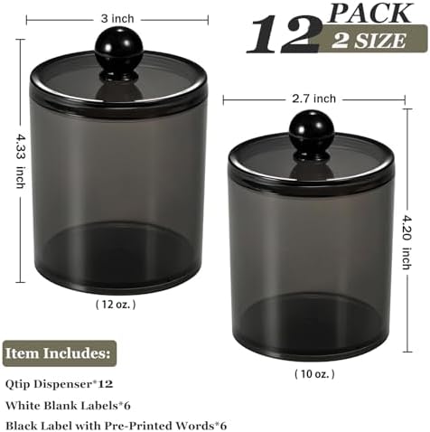 SheeChung 12 Pack Black Qtip Holder,Acrylic Apothecary Jars with Lids