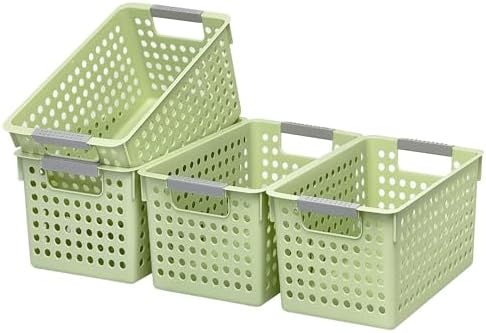 Soddeph 4 Pack Plastic Storage Basket with Handles, Small Deep Organizer Bin with Hollow Design for Under Counter, Shelf, Closet, Kitchen or Bathroom (Green, Small)
