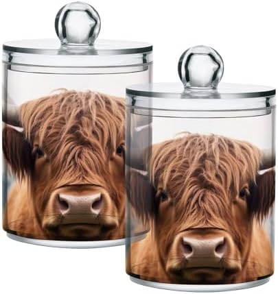 4 Pack Apothecary Jars Bathroom Highland Cow Qtip Holder Dispenser Clear Plastic Storage Canister Jar with Lid for Cotton Ball, Cotton Swab
