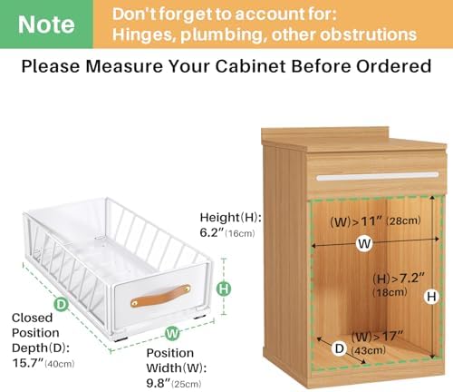 Pull out Cabinet Organizer,Heavy Duty Slide out Pantry Shelves Drawer Storage with Adhesive Nano Film,Sliding Mesh Cabinet Basket with Handle for Kitchen, Bathroom, Home, 9.8"W X 15.7"D X 6.2"H,White