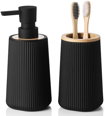 YAUKPH Bathroom Soap Dispenser and Toothbrush Holder Striped Black Bamboo